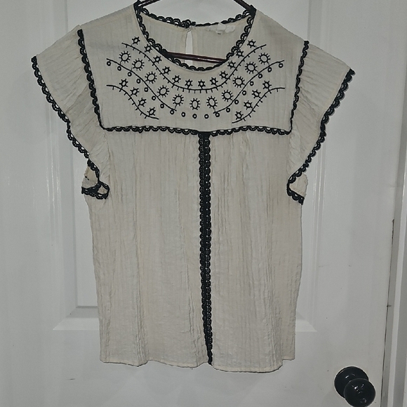 mine Tops - Mine Cream Ruffled Bib Collar Blouse